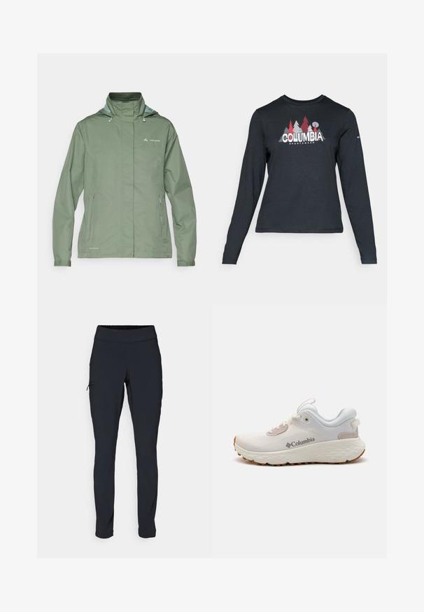 Grønn vanntett jakke med høy krage, justerbar hette og glidelåslommer i sidene. Laget av glatt, lett materiale.; Langermet mørkegrå skjorte med grafikk av røde trær og fjell; "COLUMBIA" logo i fet hvit tekst. Mykt stoff, standard rund hals.; Svarte joggebukser med slim fit, elastisk midjebånd og en sidelomme med glidelås. Glatt, elastisk stoff med minimalt med sømmer.; Lettvekts Columbia treningssko i hvit mesh med en teksturert grå såle og gummitraction. Har en polstret krage og snøring.