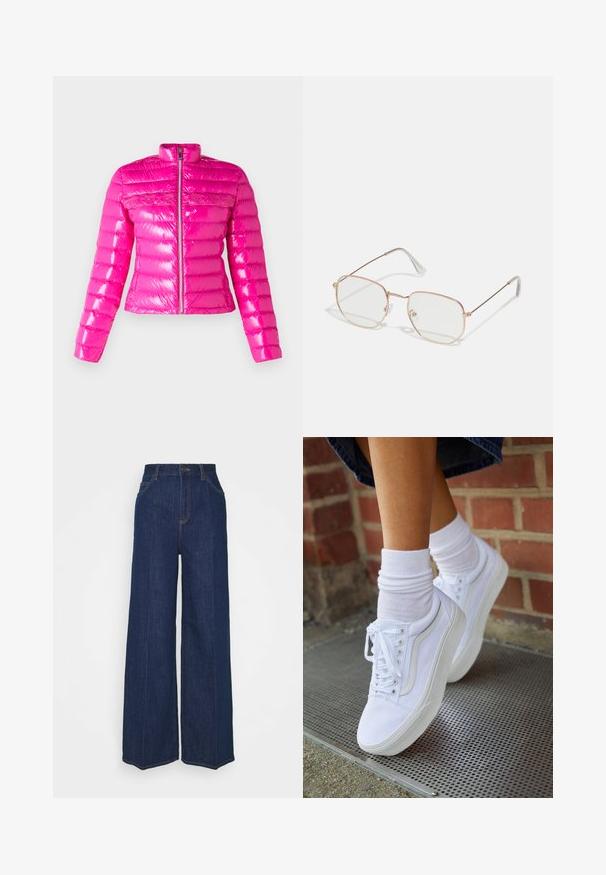 CHIARA FERRAGNI PIUMINI - Jakna ispunjena paperjem - raspberry rose; Bijela košulja dugih rukava s klasičnom kragnom, ukrašena crvenim vezom srca raspršenim po tkanini. Prednji dio s dugmadima i rukavi s manžetama.; Tamno plave traperice s visokim strukom i širokim nogavicama, s prednjim i stražnjim džepovima, zatvaračem na gumb i vidljivim detaljima šivanja.; Bijele platnene tenisice s gumenom podlogom, sadrže šest rupica za vezivanje, okrugli vrh i svjetlosne detalje šivanja, kombinirane s bijelim čarapama do gležnja.; Pravokutne naočale s tankim okvirom od ružičastog zlata. Jasne leće, prozirni vrhovi leća i delikatni detalji oko leća.