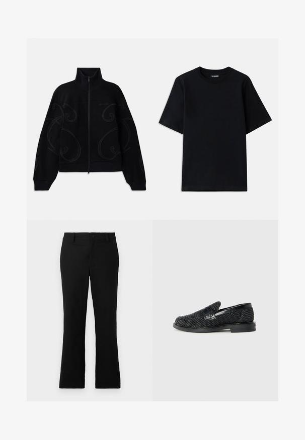 Melnas šķērsgriezuma jakas ar augstu apkakli, kuras priekšpusē ir smalki tonalitātes vijumu raksti un ribinātas rokas. Izgatavota no mīksta, teksturēta auduma.; Melnas kokvilnas T-krekls ar apaļu kaklu un īsām piedurknēm. Iezīmējas ar diskrētu logo izšuvumu kreisajā krūtīs. Gluda, plakanā tekstūra.; Melni plati bikses, izgatavotas no kokvilnas sajaukuma auduma, ar pogu aizdari, jostas cilpām un gludu tekstūru, bez redzamām rakstām.; Melnas austas slaidu kurpes ar gludu ādas akcentu augšpusē, apaļas formas purngalu un zemas profila gumijas zoli.
