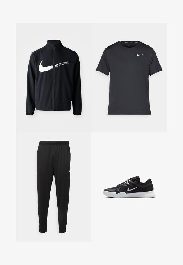 Schwarze Sportjacke mit hohem Kragen, Frontreißverschluss und elastischen Bündchen. Viele große weiße Nike-Swoosh-Grafik über der Brust.; Schwarzes Nike Lauft-Shirt aus leichtem, atmungsaktivem Material, mit kurzen Ärmeln und einem kleinen weißen Logo auf der Brust.; Schwarze Sporthosen aus glattem Stoff, mit einem elastischen Bund, schmal zulaufenden Beinen und einem kleinen weißen Logo auf der linken Seite.; Schwarzer Sportschuh mit strukturiertem Obermaterial, weißem Nike-Warenzeichen und einer weißen Gummisohle. Verfügt über ein Schnürdesign und eine dynamische Form.