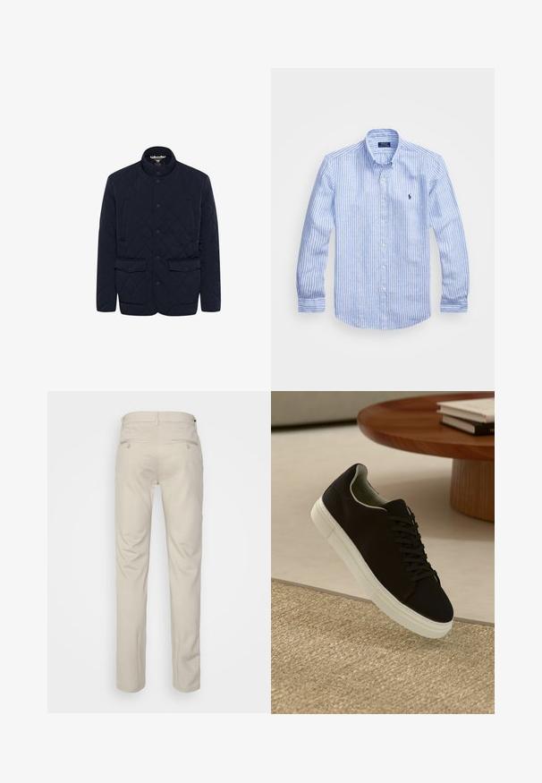 Chaqueta acolchada azul marino con cuello alzado, dos bolsillos frontales con botón a presión y cierre de botones. Textura suave con un diseño de patrón geométrico.; Camisa de manga larga a rayas azul y blanca hecha de algodón, con cuello de botón, botones en el frente y un pequeño logo bordado en el pecho.; Pantalones beiges con una textura suave, corte recto, dos bolsillos traseros con botones y una cinturilla estándar.; Zapatilla negra con suela blanca flotando sobre una alfombra texturizada beige cerca de una mesa redonda de madera con libros apilados.