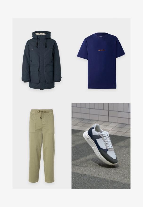 Ναυτικό μπλε επενδυμένο μπουφάν με ψηλό γιακά, αντίθετη εσωτερική επένδυση, δύο μεγάλα μπροστινά τσέπες και μαύρες λεπτομέρειες.; Σκούρο μπλε βαμβακερό t-shirt με κοντά μανίκια. Διαθέτει ένα μικρό, πορτοκαλί κεντητό λογότυπο στο στήθος. Κλασικός σχεδιασμός στρογγυλής λαιμόκοψης.; Φως ελαιόχρωμο παντελόνι κατασκευασμένο από ύφασμα με μείγμα βαμβακιού, με ελαστική μέση και κορδόνι, και δύο μεγάλες πλευρικές τσέπες.; Λευκά, ναυτικά και γκρι sneakers με σχέδιο από μικτά υλικά, που διαθέτουν υφή στο πάνω μέρος, επίπεδα κορδόνια και μαλακή σόλα.