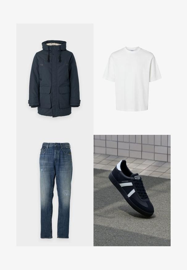 Tumesinine polsterdatud jakk kõrge krae, kontrastse sisekattega, kahe suure esikotiga ja mustade metallelementidega.; Valge puuvillane t-särk lühikeste varrukatega, ümmarguse kaelusega ja lõdva lõikega. Sile tekstuur, ilma nähtavate mustrite või aktsentideta.; Denim teksad, millel on pleekinud sinine värv, sirge jalgade disain, mõõdukas kulumine ees ja klassikaline viie-tasku stiil.; Must have musta sneaker musta valgete triipudega, tekstuurne kummitald ja nööridega esiosa. Omab bränditud märki keele peal.