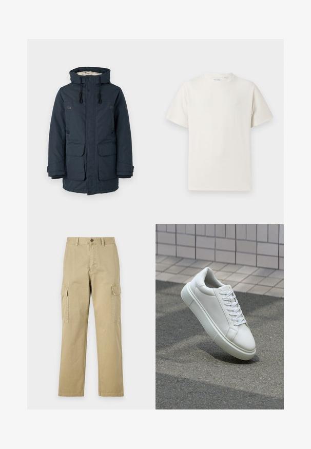 Námořnická modrá prošívaná bunda s vysokým límcem, kontrastní vnitřní podšívkou, dvěma velkými předními kapsami a černými kovovými doplňky.; Bílý krátký rukáv tričko s pružnou strukturou. Kulatý výstřih, volný střih, bez viditelných vzorů nebo detailů. Jednoduchý a univerzální design.; Beige cargo kalhoty vyrobené z bavlny, s dvěma bočními kapsami, knoflíkovým zapínáním a rovnými nohavicemi z mírně texturované látky.; Bílé kožené tenisky s hladkým povrchem, kulatou špičkou a plochými bílými tkaničkami. Disponují texturovanou gumovou podrážkou a minimálními designovými prvky.