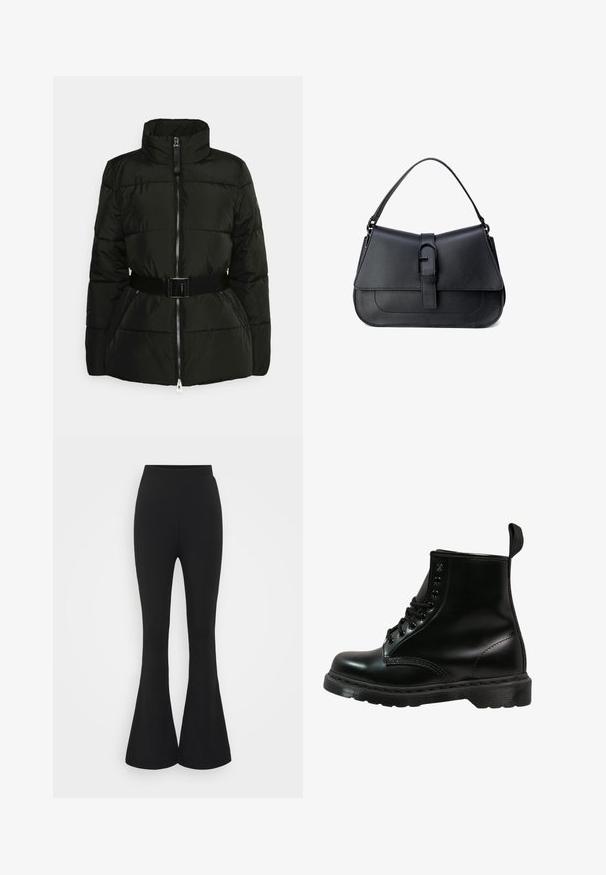 Calvin Klein LOFTY BELTED JACKET - Casaco leve - black; Suéter preto de gola alta com mangas longas e um design justo, apresentando uma textura suave e uma silhueta estruturada.; Calças pretas em flare feitas de um tecido elástico. O design apresenta uma cintura alta e uma bainha ampla que se abre abaixo do joelho.; Bota de couro preto com bico arredondado, design com atacadores, seis ilhós e sola de borracha texturizada. Inclui uma aba na parte de trás.; Mala de mão em couro preto com um design estruturado, textura suave, alça de ombro ajustável e um flap frontal com detalhe de fecho.