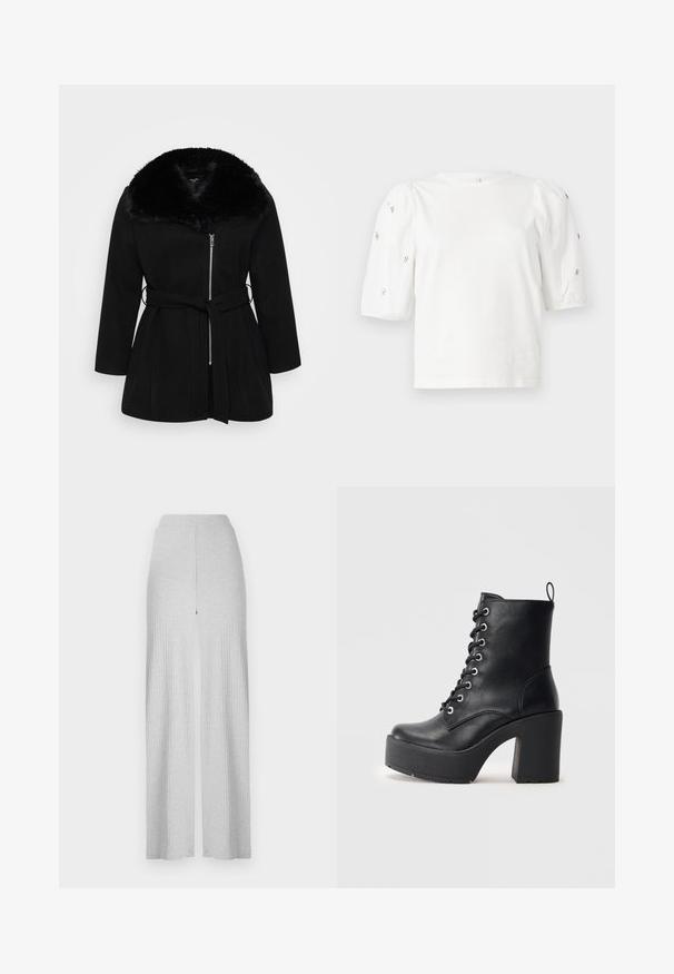 Melna peacoat jakas ar mākslīgās kažokādas apkakli, ar rāvējslēdzēju priekšpusē, garām piedurknēm un jostu viduklī. Mīksta tekstūra un pielāgota piegriezuma. ; Balta kokvilnas t-kreklu ar īsām puff piedurknēm, ar nelieliem sudraba rotājumiem gar piedurknēm. Klasisks apaļš izgriezums, brīvā piegriezuma.; Gaiši pelēkas ribotas platā kāju bikses ar augstu jostu un priekšējo šķelšanos. Izgatavotas no mīkstas auduma ar gludu tekstūru.; Melnas ādas potītes zābaki ar masīvu blokveida papēdi, auklu aizdari un teksturētu virsmu. Iekļauts aizmugurē esošs cilpiņas elements vieglai uzvilkšanai.