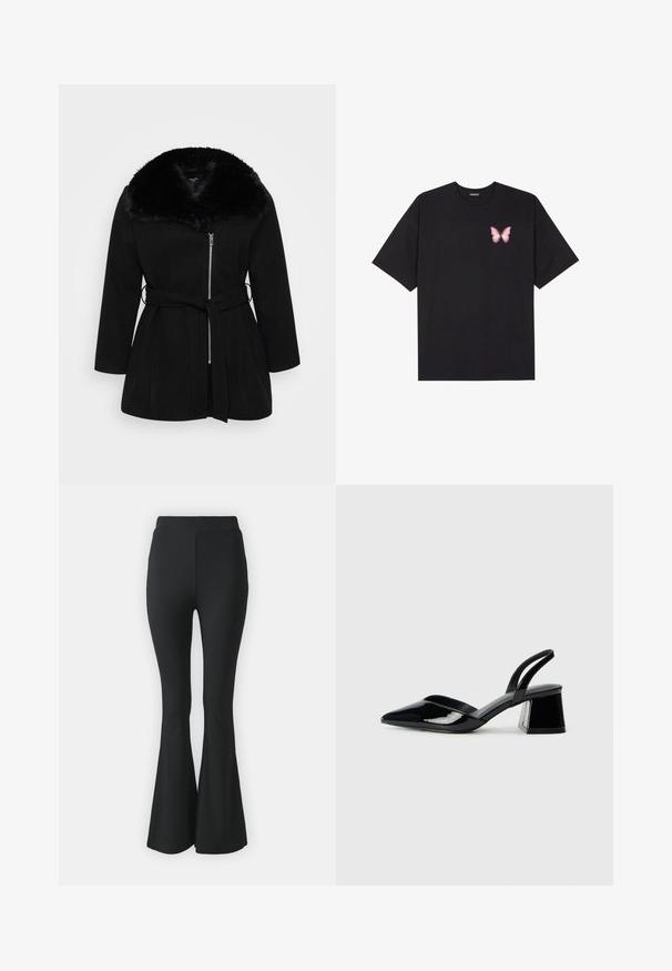 Svart sjömansrock med fuskpälskrage, dragkedjestängning framtill, långa ärmar och bälte i midjan. Mjuk textur och skräddarsydd passform.; Svart bomullströja med korta ärmar, med en liten rosa fjärilsgrafik på vänster bröst. Rundad halsdesign med en avslappnad passform.; Svarta utsvängda byxor tillverkade av stretchigt tyg. Har en hög midja och en slät, figursydd design som svänger ut från knäet och nedåt.; Svarta lackläder slingback klackar med spetsig tå och geometrisk klack. Har en elegant, minimalistisk design och slät yta.