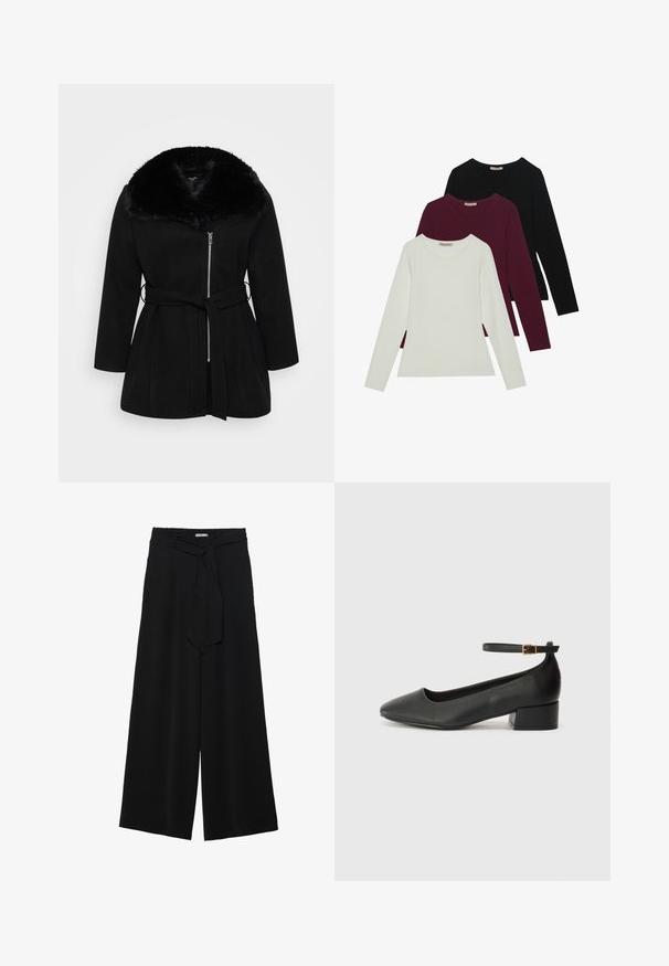 Casaco preto tipo peacoat com colarinho de pele sintética, fecho frontal com zíper, mangas longas e um cinto na cintura. Textura suave e ajuste tailored.; T-shirts de manga longa nas cores branca, burgundy e preta. Feitos de um tecido suave com decote redondo e design ajustado. Adequados para sobreposições.; Calças largas pretas com um tecido texturizado, uma cintura elástica e um laço destacável na cintura para um ajuste ajustável.; Sandal de pele preta com bico pontiagudo e um salto bloco baixo. Apresenta uma tira no tornozelo com uma fivela em tom dourado. Textura suave.