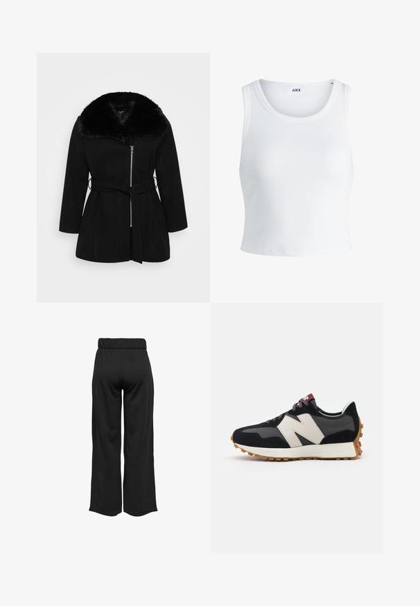 Peacoat negro con cuello de pelo sintético, cierre delantero con cremallera, mangas largas y un cinturón en la cintura. Textura suave y ajuste entallado.; Top de tirantes blanco con canalé, con un cuello redondo, diseño sin mangas y largo corto. La etiqueta dice "JJXX". Textura de tela suave.; Pantalones negros de pierna ancha con cintura elástica, fabricados en un tejido suave. Presentan un diseño limpio sin bolsillos ni detalles de costura visibles.; Zapatillas de ante negras y grises con un gran logo "N" en color crema, cordones morados y una suela de goma texturizada en color marrón.