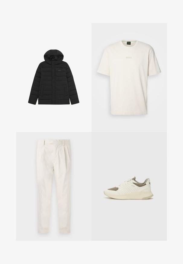 Melns pūkains jaka ar kapuci, kas izceļas ar pāršūtu dizainu, gludu tekstūru un divām priekšējām kabatām. Diskrets logo uz krūtīm.; BOSS TEE - Pamata T-krekls - open white; Baltas, pleitēts bikses ar piegriezumu, kas pielāgots figūrai, ar gludu tekstūru, jostas cilpām un sašaurinātiem galiem. Nav redzamu kabatu vai rakstu.; Baltas un gaiši bež sporta apavi, ar sieta augšdaļu, perforētiem detaļām un teksturētu vidusdaļu ar zīmolu uz papēža.