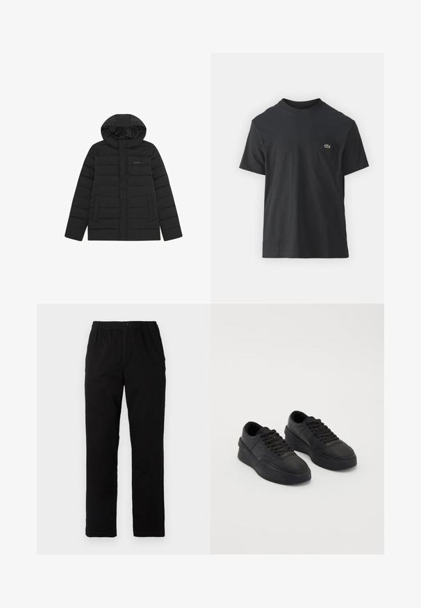 Melns pūkains jaka ar kapuci, kas izceļas ar pāršūtu dizainu, gludu tekstūru un divām priekšējām kabatām. Diskrets logo uz krūtīm.; Melnas kokvilnas T-krekls ar īsām piedurknēm, apaļu kakla izgriezumu un mazu zaļu logotipu kreisajā krūšu kabatē. Vienkāršs dizains, regulāra piegriezuma.; Melnas bikses no kokvilnas maisījuma auduma, ar taisnu griezumu, elastīgu jostasvietu ar pogu un bez redzamām rakstu vai akcentiem.; Melnas kedas, izgatavotas no gludas ādas, ar mīkstu zoli. Iespējas ietver plakanu auklu, perforācijas uz pirksta un elegantu siluetu.