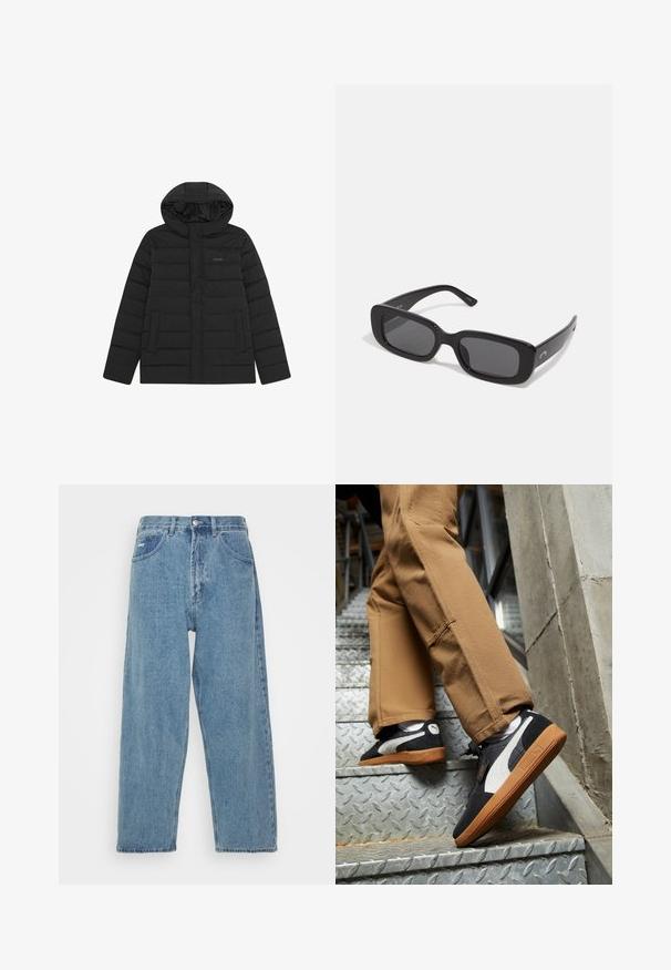 Black puffer jacket with a hood, featuring a quilted design, smooth texture, and two front pockets. Subtle logo on the chest.; White short-sleeve t-shirt in cotton fabric with a round neckline. Simple design with no patterns or accents. Smooth texture.; Light blue denim jeans with a high-waist, relaxed fit, featuring two front pockets, a back patch pocket, and a button closure.; Black and gray suede sneakers with white accents and gum rubber soles, worn on tan pants while ascending metal stairs.; Black rectangular sunglasses with dark lenses, smooth plastic frames, and wide arms. Subtle branding on the side.