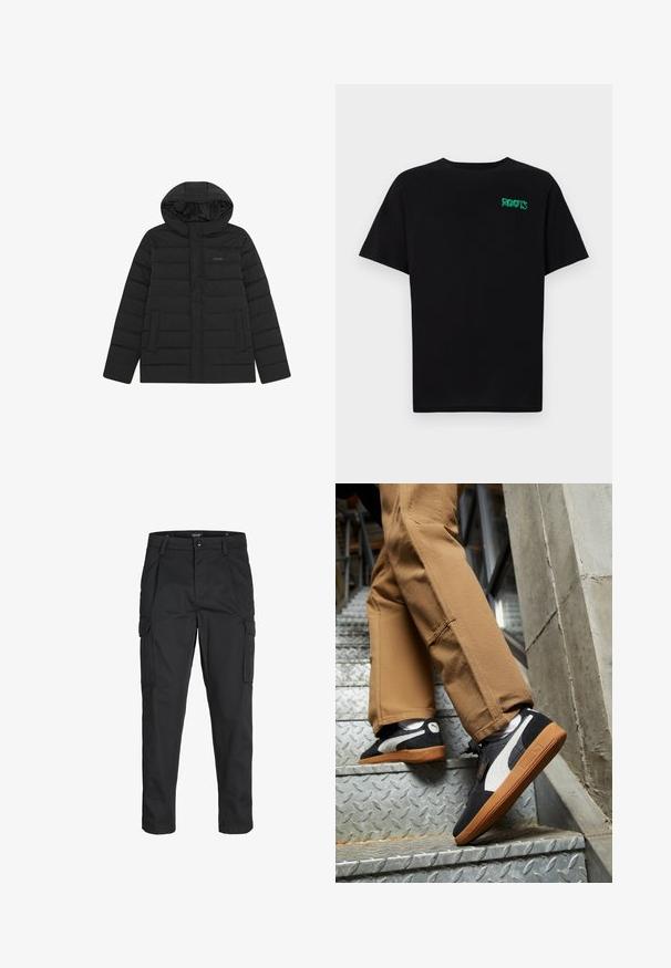 Giacca a vento nera con cappuccio, caratterizzata da un design trapuntato, texture liscia e due tasche frontali. Logo discreto sul petto.; T-shirt nera in cotone con maniche corte. Presenta un logo verde "ROOTS" sulla parte frontale, colletto rotondo e vestibilità standard.; Pantaloni cargo neri realizzati in un tessuto resistente, dotati di molteplici tasche, chiusura con bottone e un design aderente con gambe affusolate.; Sneaker in suede nero e grigio con dettagli bianchi e suole in gomma color miele, indossati su pantaloni beige mentre si sale su scale metalliche.