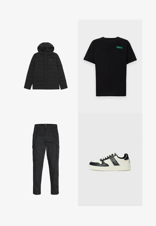 Must svart puffer-jakk, millel on kapuuts, omab tikitud mustrit, siledat tekstuuri ja kahte esikäepidet. Diskreetne märk rinnal.; Must t-särk, mis on valmistatud puuvillast, lühikeste varrukatega. Esipaneelil on roheline "ROOTS" logo, ümmargune kaelus ja tavapärane lõige.; Mustad mustapõlvik, mis on valmistatud tugeva koe kasutades, sisaldab mitmeid taskuid, nupule kinnitatav sulgemine ja kitsenev disain.; Nahatud nahkkingad musta ja kreemi värviskeemiga, millel on perforeeritud aktsendid, pehme krae ja tekstureeritud tallad.