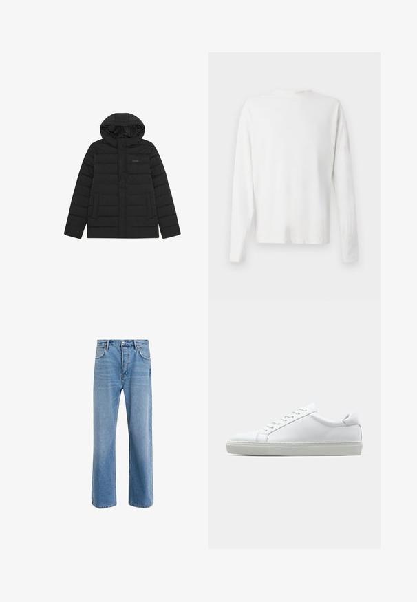 Giacca a vento nera con cappuccio, caratterizzata da un design trapuntato, texture liscia e due tasche frontali. Logo discreto sul petto.; Camicia bianca in cotone a maniche lunghe con scollatura rotonda, spacchi laterali in fondo e una texture liscia, mostrata da dietro.; Jeans in denim blu chiaro con design a gamba dritta, cinque tasche, chiusura con bottone, leggero sbiadimento e dettagli di cucitura a contrasto.; Sneaker bianco con tomaia in pelle liscia e profilo basso. Presenta una punta arrotondata, sei occhielli e una suola in gomma testurizzata.