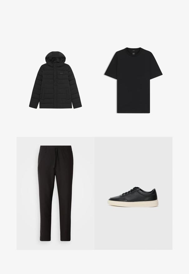 Sort pufferjakke med hætte, med quiltet design, glat overflade og to frontlommer. Diskret logo på brystet.; Sort kortærmet T-shirt lavet af en glat bomuldsblanding, med en rund halsudskæring og et minimalistisk design uden mønstre eller accenter.; Sorte joggebukser lavet af glat stof. Har en elastisk talje med snor, tætsiddende ben og ingen synlige lommer. Enkel design.; Sort lavt top lædersneaker med sorte snørebånd og off-white sål vist i sideprofil på hvid baggrund.