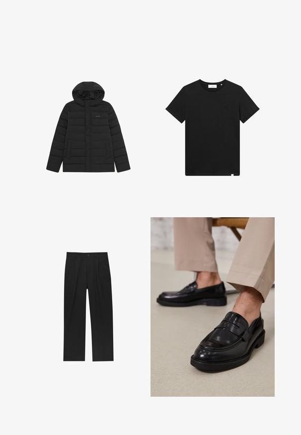 Giacca a vento nera con cappuccio, caratterizzata da un design trapuntato, texture liscia e due tasche frontali. Logo discreto sul petto.; T-shirt nera a maniche corte in cotone, con scollatura rotonda e un piccolo logo ricamato sul petto. Tessuto liscio, vestibilità standard.; Pantaloni neri con un design a gamba dritta, realizzati in un tessuto liscio. Presentano pieghe frontali e una chiusura a un bottone in vita.; Mocassini in pelle nera con finitura liscia, dotati di una cintura decorativa e cuciture a contrasto, abbinati a pantaloni beige.