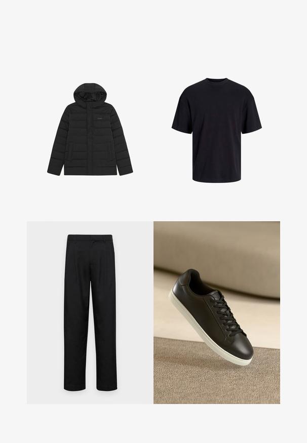 Crni zimski kaput s kapuljačom, s kvadratnim uzorkom, glatkom teksturom i dva prednja džepa. Diskretni logotip na prsima.; Crna pamučna majica s okruglim izrezom, kratkim rukavima i opuštenim krojem. Glatka tekstura bez vidljivih uzoraka ili dekoracija.; Crne hlače od glatkog materijala, s dizajnom ravnih nogavica, dva prednja nabora i standardnim pojasom s petljama za remen.; Crne kožne tenisice s bijelim gumiranim potplatom i crnim vezicama, smještene na bež tkaninskoj površini i pozadini.