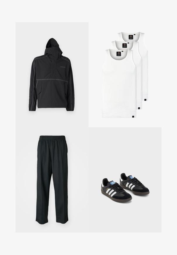 Must tume kapuutsiga jakk kerge kangaga, millel on kontrastõmblused, esikott ja kõrge krae täiendava katvuse jaoks.; Kolm valget ribaga t-särki, mis on valmistatud puuvillast. Omavad ümmargust kaelanõhku ja väikseid musti silte hemme lähedal. Saadaval erinevates suurustes.; Mustad mustasport püksid elastse vöökoha ja sileda kangaga, millel on tagasihoidlik külgõmblus ning lõdvestatud lõige, sirge jala disain.; Mustad tossud, mille pealseks on seemisnahk ja sünteetilised materjalid, kolme valge triibuga, tekstureeritud kummitald ja sinine logo silt keele peal.