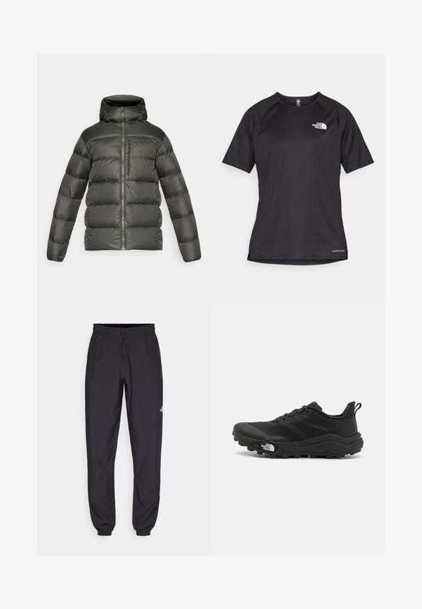 Sötétzöld puff jacket kapucnival, cipzáras záródással, steppelt kialakítással és elastikus mandzsettákkal. Könnyű és sima anyagból készült.; Fekete, rövid ujjú sportpóló struktúrált anyagból, bal mellen fehér logóval és egyenes aljjal.; Fekete sportnadrág, könnyű anyagból készült, húzózsinóros derékkal, oldalsó zsebekkel és szűkített szárakkal a bokáknál.; Fekete terepfutó cipő, textúrált felső résszel, gumitalppal és megerősített lábujjrészével. Párnázott bokarésszel és húzófüllel rendelkezik a könnyű felhúzáshoz.