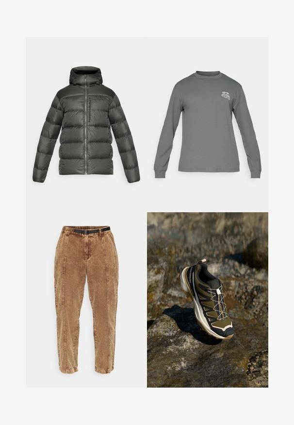 Dunkelgrüne Steppjacke mit Kapuze, ausgestattet mit einem Reißverschluss, gestepptem Design und elastischen Bündchen. Hergestellt aus leichtem, glattem Material.; Langarmshirt aus grauem Stoff, mit Rundhalsausschnitt und einem weißen Grafiklogo auf der linken Brust. Glatte Textur und einfaches Design.; Braune Cordhosen mit einer strukturierten Oberfläche, ausgestattet mit einem schwarzen verstellbaren Gürtel, Seitentaschen und einer lässigen Passform. Die Hosen laufen zu den Knöcheln hin zusammen.; Wanderschuh in Olivgrün und Schwarz mit pinken Akzenten. Verfügt über ein strukturiertes Obermaterial, eine flexible Sohle, eine verstärkte Zehenkappe und ein farbenfrohes Schnürsystem.