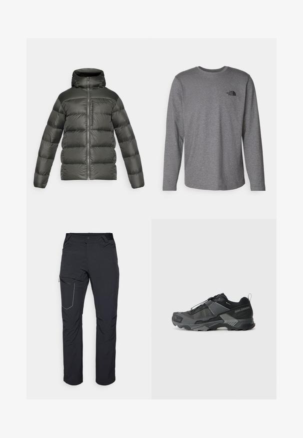 Donkergroene pufferjack met capuchon, voorzien van een ritssluiting, doorgestikt ontwerp en elastische manchetten. Gemaakt van lichtgewicht, glad materiaal.; The North Face M L/S SIMPLE DOME TEE - Longsleeve - medium grey heather; Zwarte outdoorbroeken met een ritszak op de dij, een elastische tailleband en glad, waterafstotend materiaal. Schoon ontwerp zonder zichtbare logo's.; Zwarte trailhardloopschoenen met een duurzame mesh bovenkant, versterkte neuskap, gestructureerde rubberen zool en elastisch vetersysteem voor een veilige pasvorm.