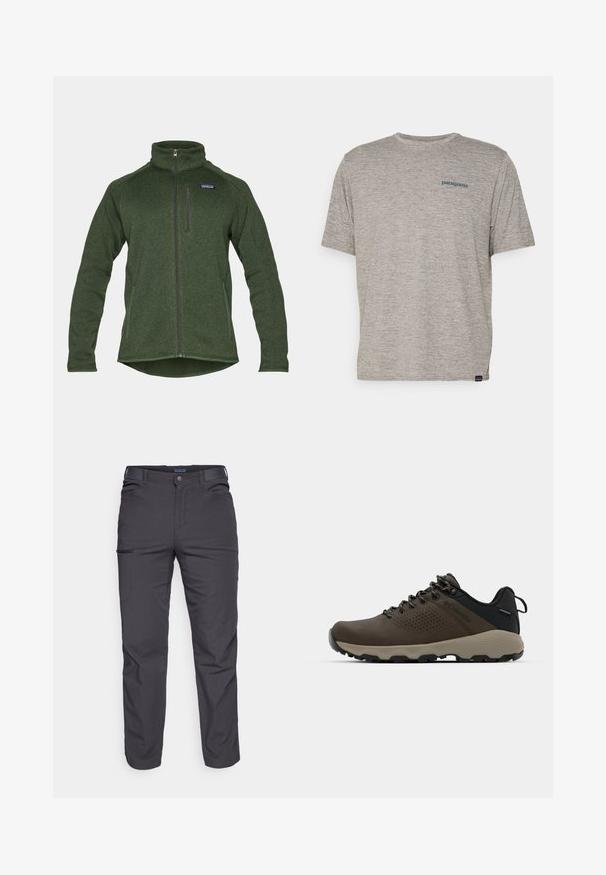 Žalias flisos užtrauktuko džemperis su aukštu apykakle, šoninėmis kišenėmis ir krūtinės kišenė su užtrauktuku. Pagamintas iš tekstūruotos, šiltos medžiagos.; Pilkas trumpas rankovės marškinėliai, pagaminti iš minkštos, tekstūruotos medžiagos, ant kairiojo krūtinės puikuojasi mažas mėlynas Patagonia logotipas. Be papildomų raštų.; Tamsiai pilki kelnės, pagamintos iš patvarios medžiagos, su užtrauktuku užsegamu kišeniu, tiesiu kirpimu ir diržo kilpom pritaikytiems dydžiams.; Rudi nepralaidūs sportbačiai su tekstūruota viršutine dalimi, perforuotomis detalėmis, juodu kulno palaikymu ir pilku guminio padu. Šniūreliai yra dekoruoti metaliniais galais.