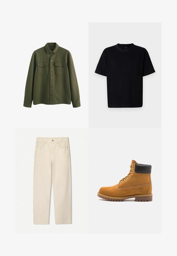 Giacca camicia verde oliva realizzata in tessuto testurizzato, con chiusura frontale a bottoni, due tasche sul petto con patta e maniche lunghe con polsini.; Maglietta nera in cotone con scollatura rotonda, maniche corte e taglio dritto. Presenta cuciture minime e una texture morbida e liscia.; Jeans beige a vita alta con gamba dritta, dotati di bottone anteriore, zip e cinque tasche, su uno sfondo bianco.; Stivale alla caviglia in suede tan con collare imbottito nero, occhielli in metallo dorato, dettagli in cucitura bianca e suola in gomma robusta con battistrada pronunciato.