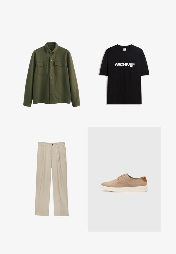 Olivgrünes Hemdjackett aus strukturiertem Stoff, mit durchgehender Knopfleiste, zwei Brusttaschen mit Klappen und langen, geknöpften Ärmeln.; Schwarzes Baumwoll-T-Shirt mit einem weißen "ARCHIVE inc." Logo auf der Brust, kurzen Ärmeln und einem Rundhalsausschnitt.; Beige Hosen mit geradem Schnitt, ausgestattet mit einem einzelnen schwarzen Knopf, Gürtelschlaufen und Seitentaschen. Glatte Stofftextur und minimalistisches Design.; Beige Wildleder-Sneaker mit runder Zehenpartie, Schnürung und strukturiertem Rückenteil. Die weiße Gummisohle sorgt für einen Kontrast. Einfaches und modernes Design.