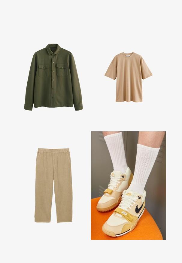 Giacca camicia verde oliva realizzata in tessuto testurizzato, con chiusura frontale a bottoni, due tasche sul petto con patta e maniche lunghe con polsini.; T-shirt beige a maniche corte in cotone con colletto rotondo e vestibilità rilassata, caratterizzata da una trama liscia e priva di motivi o dettagli decorativi.; Pantaloni in corduroy beige con un design a gamba larga, vita elastica e due tasche laterali. Presentano una texture a costine verticali.; Scarpe sportive Nike in pelle beige e crema, con un logo swoosh nero, lacci bianchi, una fascia in Velcro e una suola in gomma testurizzata.