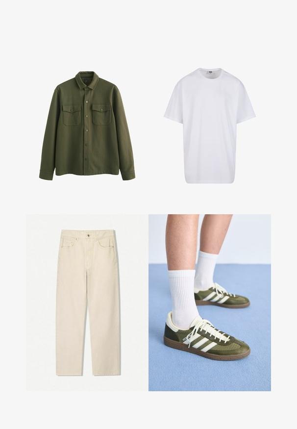 Olijfgroene shirtjas van gestructureerde stof, met een knoopsluiting aan de voorkant, twee borstzakken met flappen en lange mouwen met manchetten.; Witte katoenen t-shirt met korte mouwen, ronde hals, relaxte pasvorm en zonder zichtbare logo's of patronen. Gladde textuur en minimalistisch ontwerp.; Beige hoge taille rechte jeans met een voorknop, rits en vijf zakken, weergegeven op een witte achtergrond.; Groene en beige sport schoenen met drie witte strepen, gestructureerd materiaal, rubberen zool, gecombineerd met witte crew sokken op een blauwe ondergrond.