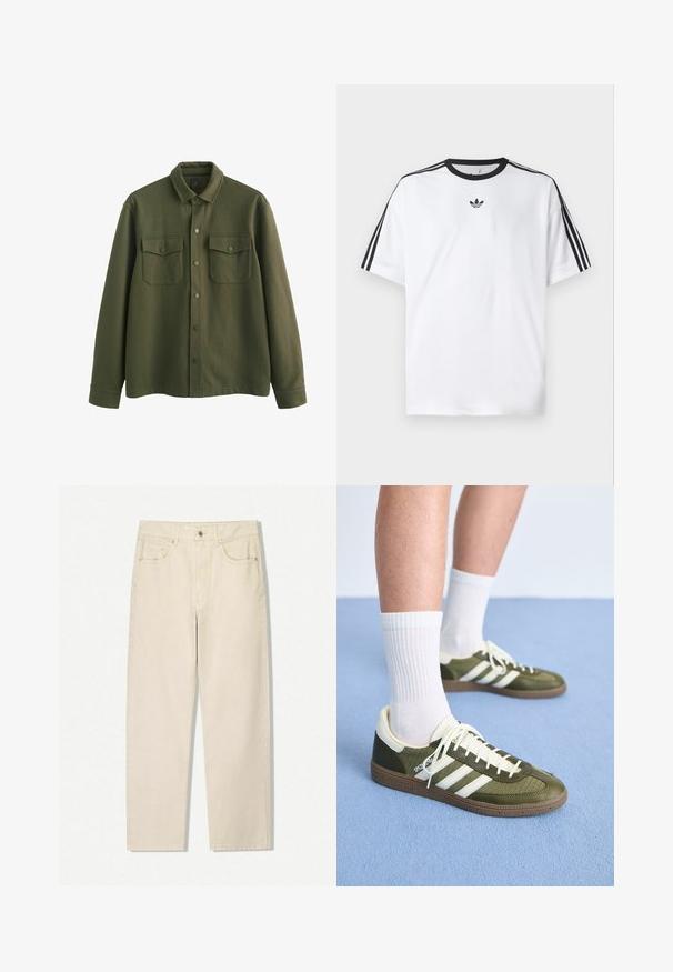 Jachetă cămașă de culoare verde măsline, confecționată dintr-un material texturat, cu închidere butonată în față, două buzunare pe piept cu clapete și mâneci lungi cu manșete.; Tricou alb din bumbac, cu un guler rotund negru și trei dungi negre pe fiecare umăr. Logo mic negru pe piept.; Jeans bej cu talie înaltă și croială dreaptă, cu nasture frontal, fermoar și cinci buzunare, expuși pe un fundal alb.; Pantofi sport verzi și bej cu trei dungi albe, material texturat, talpă din cauciuc, asortați cu ciorapi albi de tip crew, plasati pe o suprafață albastră.