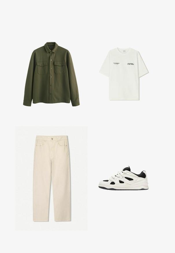 Olivená zelená košeľová bunda z textúrovanej tkaniny s gombíkovou prednou časťou, dvoma náprsnikmi so záklopkami a dlhými rukávmi s manžetami.; Biela bavlnená tričko s krátkymi rukávmi. Na prednej časti je čierny text: "NIE ZAJTRA NIE DNES" a "UMENIE HLINENIA" v zelenej skripte.; Beige rifle s vysokým pásom a rovnými nohavicami s predným gombíkom, zipsom a piatimi vreckami, vystavené na bielom pozadí.; Biele a čierne športové topánky s textúrovanou podrážkou, s vyrezávanými dizajnmi na stranách a šnúrkami, a s polstrovaným zadným dielom pre podporu.