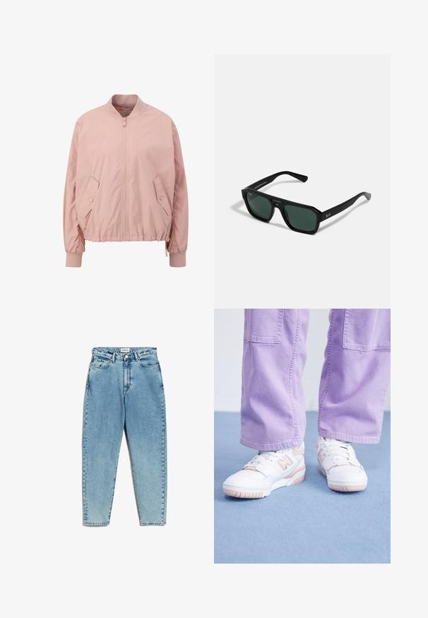 Helle rosa Bomberjacke aus glattem Material, mit einem Reißverschluss vorne, elastischen Bündchen und schrägen Seitentaschen.; Hellgrauer Pullover mit hohem Kragen, gerippten Bündchen und Saum. Weiche Textur, lockere Passform und ein dezentes Strickmuster im gesamten Abschnitt.; Helle blaue Denim-Jeans mit hoher Taille, geraden Beinen und einem verblichenen Finish. Verfügt über einen Knopfverschluss, Gürtelschlaufen und klassische Taschen.; Weiße Sneaker mit rosa Akzenten, Obermaterial aus strukturiertem Leder und Gummisohle, kombiniert mit helllila weit geschnittenen Hosen auf einer blauen Fläche.; Schwarze rechteckige Sonnenbrille mit grünen Gläsern. Aus Kunststoff mit achteckiger Form und glatter Oberfläche. Mit Ray-Ban-Logo an der Seite.