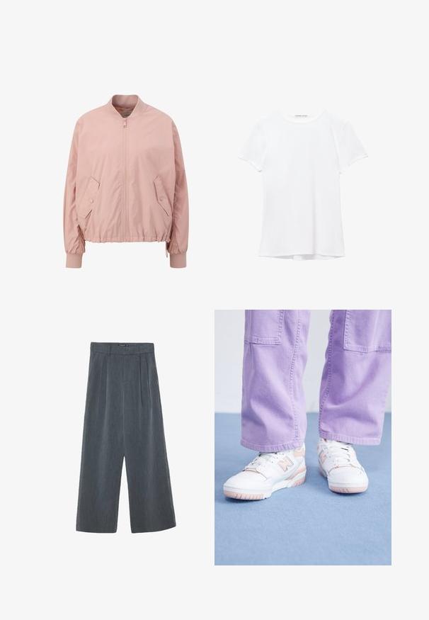 Lichtroze bomberjack van soepel materiaal, met een ritssluiting aan de voorkant, elastische manchetten en schuine zijzakken.; Witte short-sleeve t-shirt van gladde stof, met een ronde halslijn en subtiele stiksels bij de zoom.; Wijdvallende broek in donkergrau, met een gestructureerde stof, geplooide voorkant en een hoog ontwerp met een gladde tailleband.; Witte sneakers met roze accenten, bovenkant van gestructureerd leer en rubberen zool, gecombineerd met lichtpaarse wijde broek op een blauwe ondergrond.