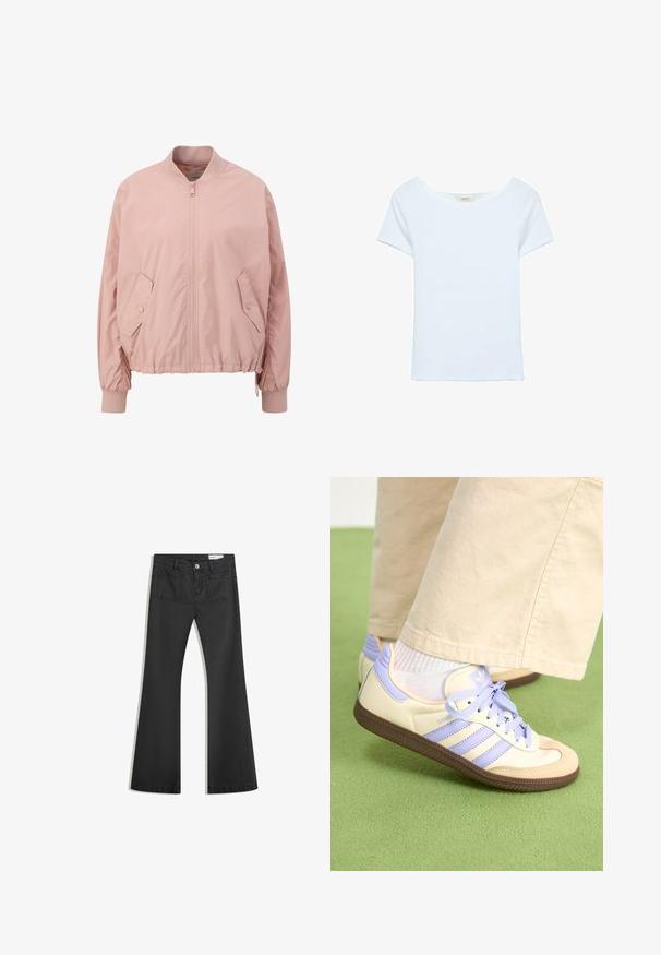 Light pink bomber jacket made of smooth material, featuring a front zipper, elastic cuffs, and slanted side pockets.; White t-shirt made of ribbed fabric, featuring a wide scoop neckline and short sleeves. Simple design with no patterns or accents.; Black flared jeans made of denim with a smooth texture, featuring two back pockets and a button closure at the waist.; Cream and lavender sneakers with three stripes and a textured brown sole, featuring laces and a padded heel. Soft fabric upper.