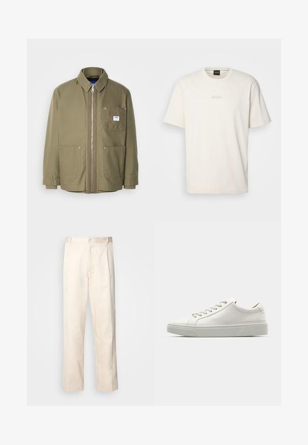 Oliven grønn jakke, glidelås lukking, ribbestrikket krage, to frontlommer, venstre brystlomme med logo-patch, slitesterkt stoff, rett snitt.; BOSS TEE - T-paita - open white; Vaaleanbeige puuvillahousut, joissa on suora lahje, varustettu nappisulkeisella ja etupuolella olevilla laskoksilla lisäyksinä.; Valkoinen nahkakenkä, jossa on pyöreä varvas, minimalistinen muotoilu, harmaat nauhat ja karkea harmaa kumipohja. Huomaamattomat ompeluyksityiskohdat näkyvissä.
