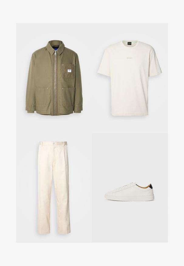 Alyvuogių žalios spalvos striukė, užtrauktuko uždarymas, marginta apykaklė, dvi priekinės kišenės, kairėje krūtinės pusėje kišenė su logotipo pleistru, patvari medžiaga, tiesus kirpimas.; BOSS TEE - Paprasti marškinėliai - open white; Bežinės medvilninės kelnės su tiesiu kirpimu, turinčios mygtuko uždarymą ir priekyje raukšles papildomai dekoratyviam akcentui.; Balti sportbačiai su lygia oda, apvalia pirštine ir plokščiu padu. Juodas akcentas prie kulno, su toniniais raišteliais ir minimaliais prekių ženklais.