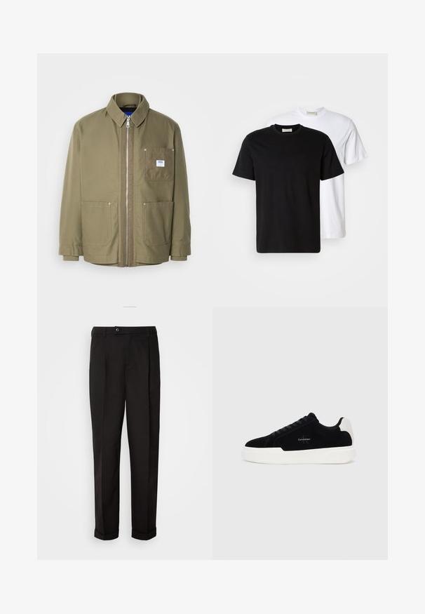 Olivově zelená bunda, zapínání na zip, žebrovaný límec, dvě přední kapsy, kapsa na levé hrudi s nášivkou loga, odolný materiál, rovný střih.; Dvě jednoduché bavlněné trička, jedno černé umístěné před bílým, obě s krátkým rukávem a kulatým výstřihem.; Černé kalhoty s hladkou texturou, rázovaného střihu, dvěma předními kapsami a jedním knoflíkovým zapínáním v pase.; Černé nízké tenisky s bílou podrážkou a patou, šněrování v přední části a logo Calvin Klein na boku.