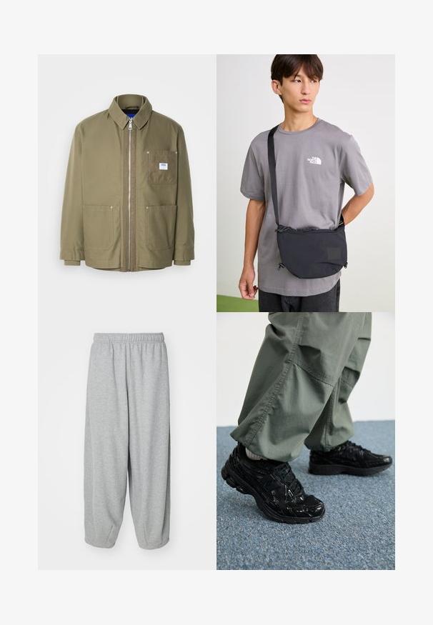 Giacca verde oliva, chiusura con zip, colletto a coste, due tasche frontali, tasca sul petto a sinistra con patch logo, tessuto resistente, taglio dritto.; T-shirt in cotone nero con il logo bianco New Balance e un design grafico sul davanti. Maniche corte e collo a giro.; Pantaloni sportivi grigi chiari, larghi e realizzati in tessuto morbido. Vita elasticizzata e polsini alla caviglia. Design semplice e sobrio.; Sneaker atletici neri con texture lucida e in rete, dotati di una suola spessa e lacci, abbinati a pantaloni cargo larghi verde oliva.; Borsa a tracolla nera in nylon con tracolla regolabile, dotata di chiusura a cordoncino e dettaglio logo in rilievo. Indossata sopra una maglietta grigia.