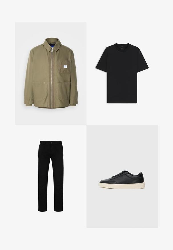 Olijfgroene jas, ritsluiting, ribgebreide kraag, twee voorzakken, linkerkastzak met logo-embleem, duurzame stof, rechte pasvorm.; Zwarte korte mouwen T-shirt van een gladde katoenmix, met een ronde halslijn en een minimalistisch ontwerp zonder patronen of accenten.; Zwarte katoenen broek met een rechte pasvorm, voorzien van een knoopsluiting, riemlussen en een minimalistisch ontwerp. Glad van structuur, zonder patronen.; Zwarte leren sneaker met lage schacht, zwarte veters en off-white zool, weergegeven in zijprofiel op een witte achtergrond.