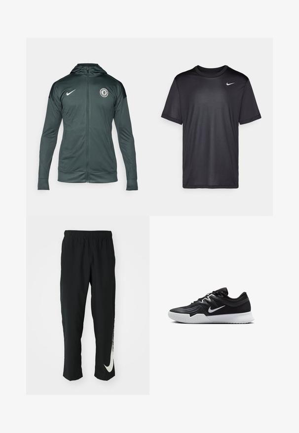 Mørkegrønn Nike-jakke med hel glidelås foran, hette, sidelommer og Chelsea FC-logo på øvre venstre bryst. Glatt stofftekstur.; Svart idretts-t-skjorte med korte ermer, rund hals, laget av glatt stoff. Har en liten hvit Nike-logo øverst til venstre.; Svarte treningbukser med elastisk midje, smalere design, med en stor hvit Nike-logo på venstre bein. Myk, lett stoff.; Svart treningssko med teksturert overdel, hvit Nike-swoosh og hvit gummisåle. Har snøring og en dynamisk form.