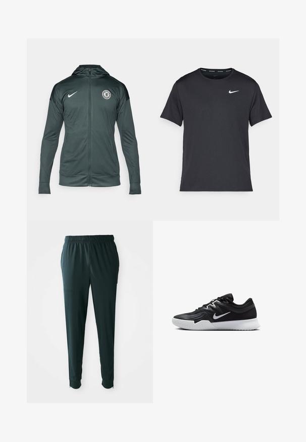 Tamsiai žalia Nike striukė su visiškai užtraukiama priekyje, kapuce, šoninėmis kišenėmis ir Chelsea FC logotipu kairiajame krūtinės kampe. Lygus audinio tekstūra.; Juodas Nike bėgimo marškinėlis, pagamintas iš lengvos, kvėpuojančios medžiagos, turintis trumpas rankoves ir mažą baltą logotipą ant krūtinės.; Tamsiai žali, lengvi sportiniai kelnių su elastingu juosmeniu, šoninėmis kišenėmis ir kulkšninių užtrauktukų, leidžiančių pritaikyti dydį; lygus paviršius.; Juodos sportinės bateliai su tekstūruota viršutine dalimi, balta Nike swoosh ir balta gumine išorine dalimi. Yra su raištelių užsegimo dizainu ir dinamine forma.