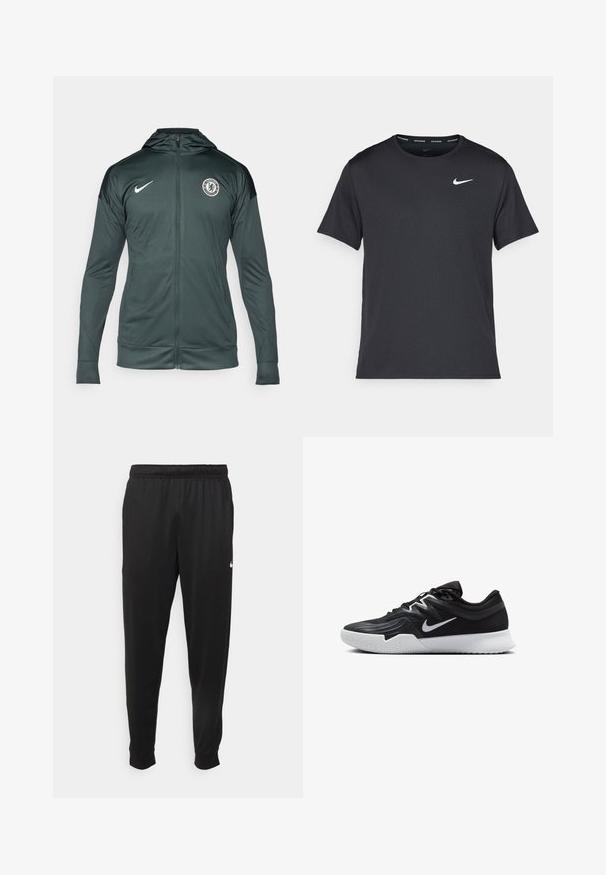 Chaqueta Nike verde oscura con cierre completo, capucha, bolsillos laterales y el logo del Chelsea FC en la parte superior izquierda del pecho. Textura de tela suave.; Camiseta de running negra de Nike, hecha de material ligero y transpirable, con mangas cortas y un pequeño logo blanco en el pecho.; Pantalones deportivos negros de tejido suave, con cintura elástica, perneras ajustadas y un pequeño logotipo blanco en el lado izquierdo.; Zapatilla deportiva negra con parte superior texturizada, logo de Nike en blanco y suela de goma blanca. Tiene un diseño con cordones y una forma dinámica.