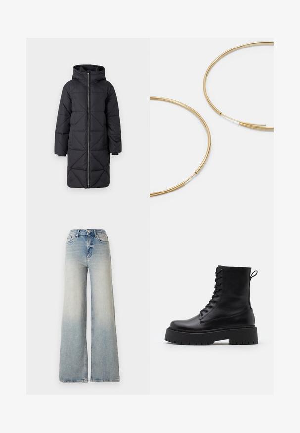 Zwarte pufferjas met een capuchon, voorzien van een diagonaal gequilt patroon, volledig met rits aan de voorkant en lange mouwen, gemaakt van synthetisch materiaal.; Vero Moda VMNEWCREAM FUNNELNECK PULLOVER - Trui - black/birch; Lichtblauwe wijdlopende spijkerbroek van denim, met een hoge taille, vijf zakken en zichtbare stiksels langs de naden.; Zwarte leren enkelboots met een ronde neus, vetersluiting aan de voorkant en een dikke rubberen zool met een gestructureerd profiel. Trekbandje aan de achterkant.; Gouden oorringen, dun en rond van vorm, met een gladde metallic afwerking en zonder versieringen of patronen.
