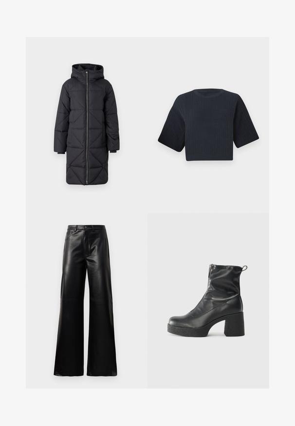 Melnā pūkaina jaka ar kapuci, ar diagonālu quilted rakstu, pilnīgu rāvējslēdzēju priekšpusē un garām piedurknēm, izgatavota no sintētiskā materiāla.; Tumši zili izgriezts adīts džemperis ar ribotu tekstūru, īsām platām piedurknēm un apaļu kakla izgriezumu. Vienkāršs dizains, bez redzamām rakstu vai akcentiem.; Melnas augstās jostas platajās kājās sintētiskās ādas bikses ar priekšējo pogu, rāvējslēdzēju, jostas cilpām un sānu kabatām uz baltā fona.; Melni potītes zābaki, kas izgatavoti no gludas ādas, ar sānu rāvējslēdzēju, masīvu strukturētu papēdi un noapaļotu purngalu.