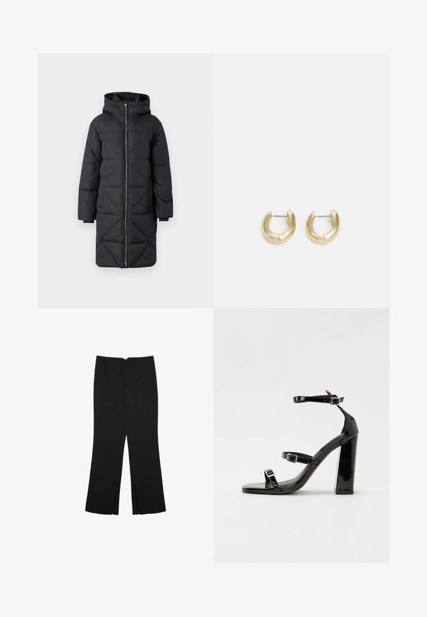 Črni puffed plašč s kapuco, z diagonalo prešito vzorcem, polnim zippom spredaj in dolgimi rokavi, izdelan iz sintetičnega materiala.; Črna kratka majica s kratkimi rokavi, kratka dolžina, okrogli izrez in preprost dizajn, položena na ravno belo podlago.; Črne hlače ravnega kroja z naglavnimi žepi in stranskimi razporki na robu. Narejene iz mehke, gladke tkanine. Primerne za različne priložnosti.; Črne lakirane sandale s peto, kvadratnim prstom, trakovi okrog gležnja in srebrnimi zaponkami. Opremljene so s stabilno Debelo peto.; Zlato-tonirani uhani v obliki obroča z gladko, polirano površino. Imajo obliko polkroga in varno zaponko na peto.