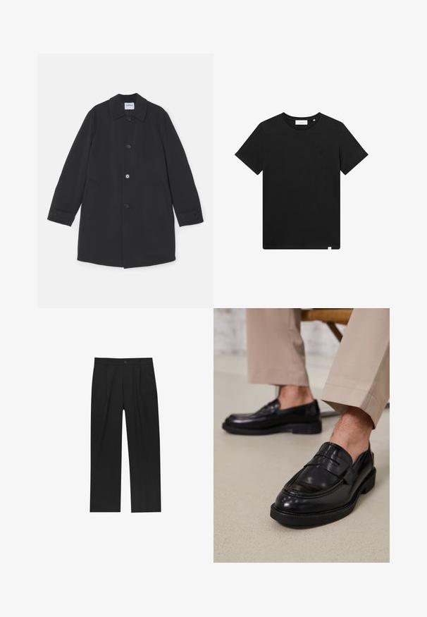 Cappotto nero in tessuto liscio, con colletto classico, chiusura a bottoni, due tasche laterali e taglio dritto con maniche lunghe.; T-shirt nera a maniche corte in cotone, con scollatura rotonda e un piccolo logo ricamato sul petto. Tessuto liscio, vestibilità standard.; Pantaloni neri con un design a gamba dritta, realizzati in un tessuto liscio. Presentano pieghe frontali e una chiusura a un bottone in vita.; Mocassini in pelle nera con finitura liscia, dotati di una cintura decorativa e cuciture a contrasto, abbinati a pantaloni beige.