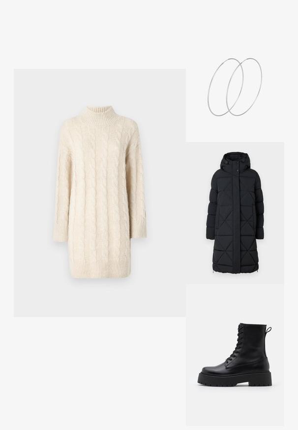 Zwarte pufferjas met capuchon, voorzien van een ruitvormig quilty ontwerp, drukknoopsluiting en elastische manchetten. Lange lengte voor extra warmte.; Crème kabelgebreide trui met hoge kraag, driekwartmouwen en geribde zoom. Bevat textuurpatronen en heeft een losse pasvorm.; Zwarte leren enkelboots met een ronde neus, vetersluiting aan de voorkant en een dikke rubberen zool met een gestructureerd profiel. Trekbandje aan de achterkant.; Zilveren hoepel oorbellen met een minimalistisch ontwerp. Cirkelvormig, gladde textuur en dun profiel. Lichtgewicht met een gepolijste afwerking.