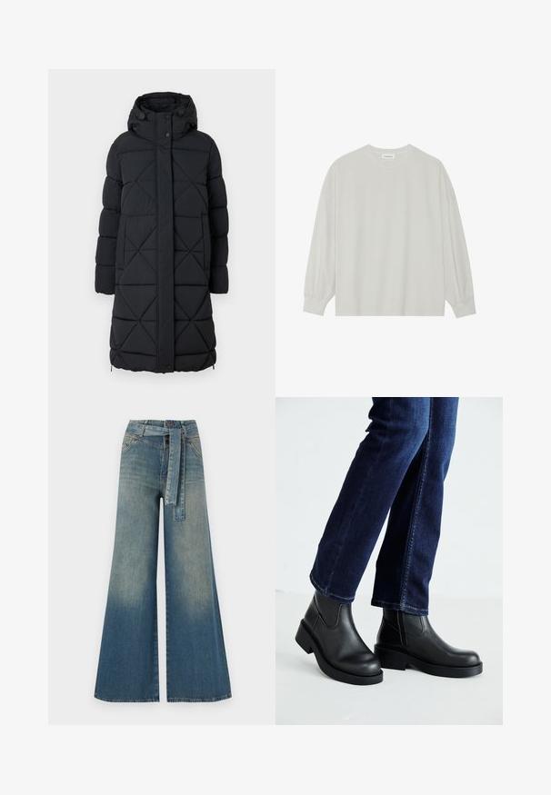 Schwarze Pufferjacke mit Kapuze, mit einem diamantgenähten Design, Druckknopfverschluss und elastischen Bündchen. Lange Länge für zusätzliche Wärme.; Helles graues Langarm-T-Shirt aus weicher Baumwolle. Mit lockerer Passform, Rundhalsausschnitt und sanft gerafften Bündchen. Keine Muster oder Grafiken.; Weit geschnittene Denim-Hosen mit einem Farbverlauf von hellblau zu dunkelblau, hoher Taille, Gürtelschlaufen und einem passenden Stoffgürtel. Strukturierte Denim-Oberfläche.; Schwarze Lederstiefeletten mit einer dicken Sohle und seitlichen Elastikeinsätzen, kombiniert mit dunkelblauen Jeans. Der Boden ist hellfarbig.